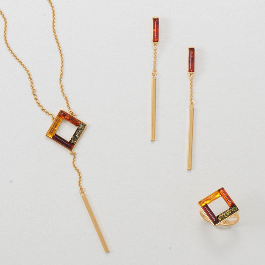 24 Karat Gold Plated Baltic Amber Bar Drop Earrings