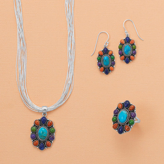 Oxidized Oval Multi Stone Flower Pendant