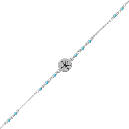 9.25"+.75" Blue Beaded Anklet with Compass Charm