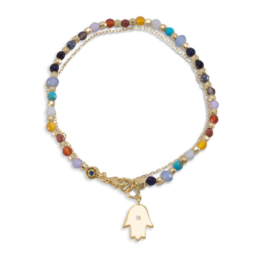 Double Strand 14 Karat Gold Plated Multistone Bracelet with Hamsa Charm