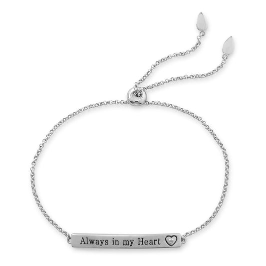 Rhodium Plated "Always in my Heart" Bar Bolo Bracelet with Diamond