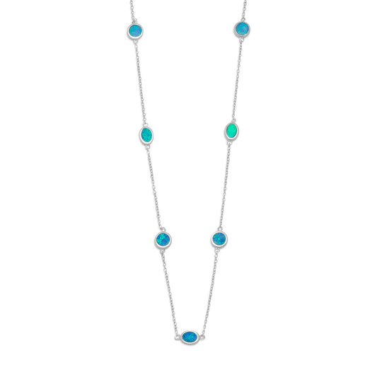 16" + 2" Rhodium Plated Synthetic Blue Opal Necklace