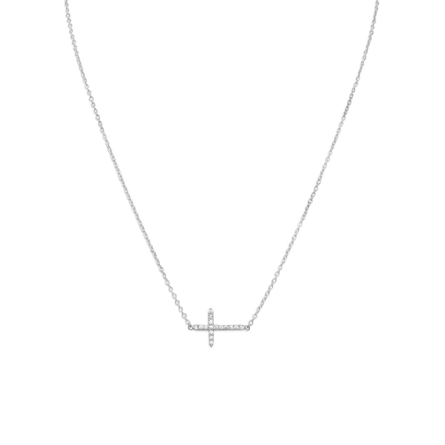 16" + 2" Rhodium Plated CZ Sideways Cross Necklace