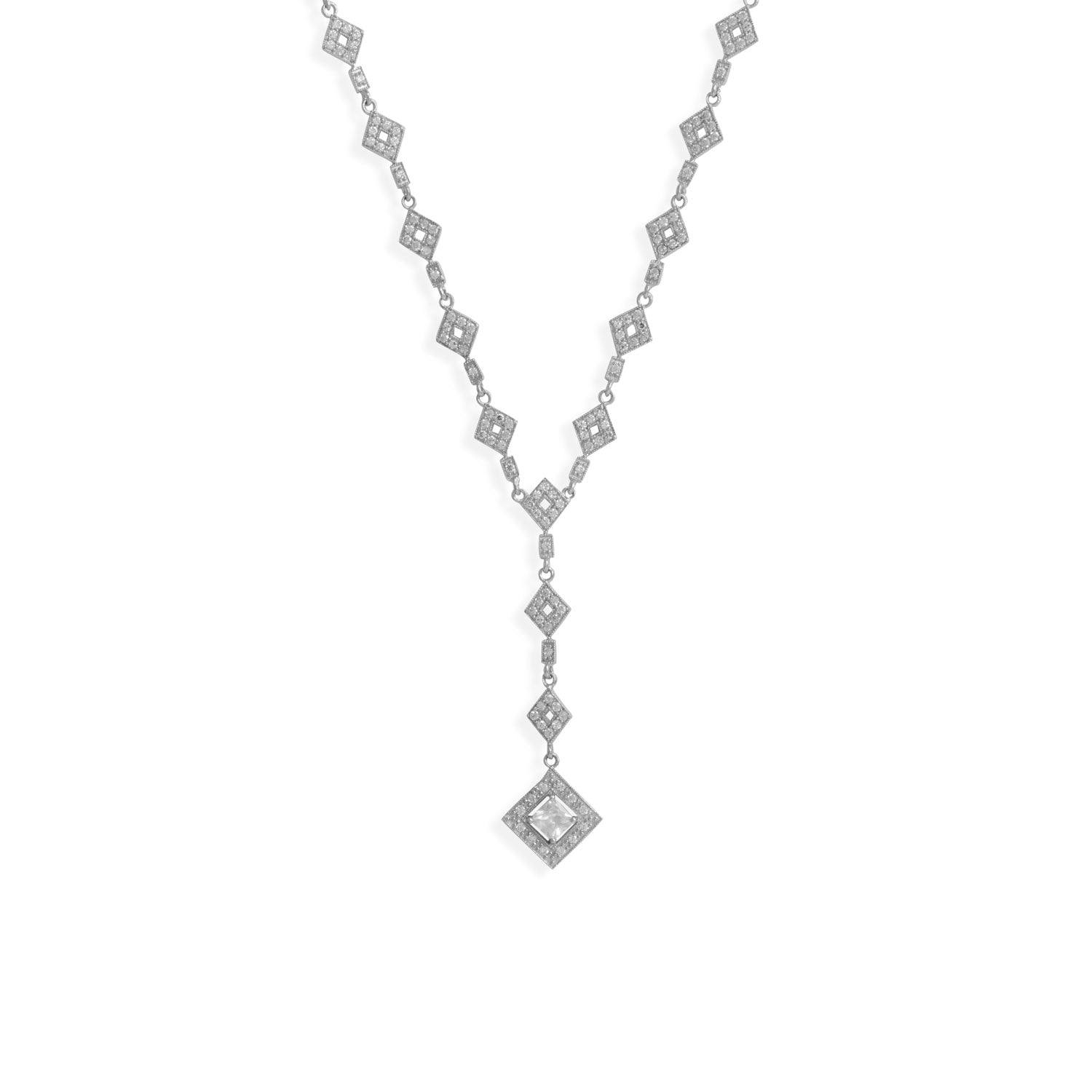 16" Rhodium Plated CZ Diamond Shape Y Drop Necklace