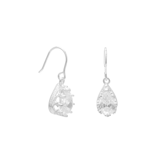 9x7mm Pear Shape CZ/Crown Edge French Wire Earrings