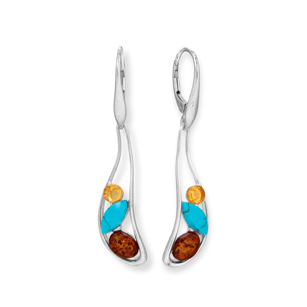 Oblong Multi Color Amber and Turquoise Lever Earrings