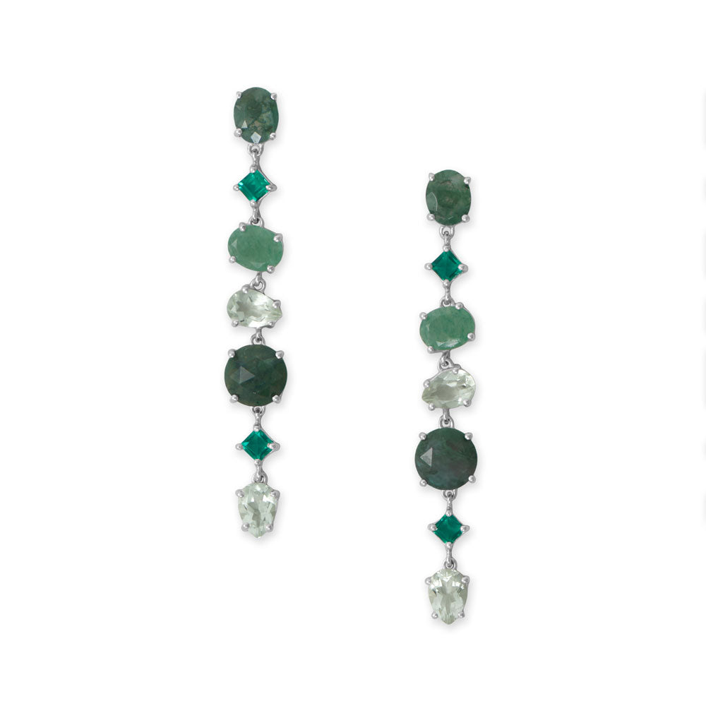 Rhodium Plated Green Multi Stone Long Drop Earrings