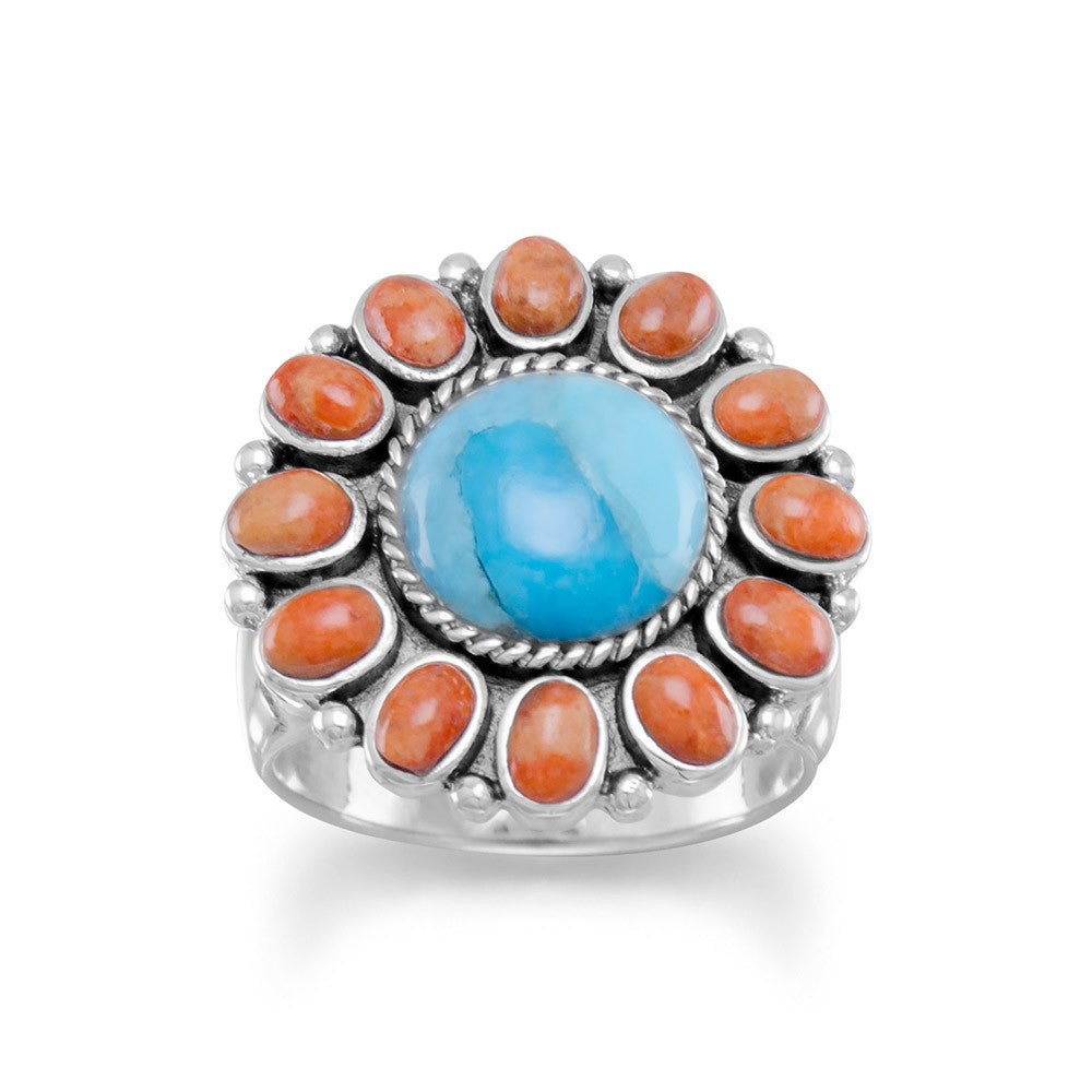 Reconstituted Turquoise and Coral Sunburst Ring