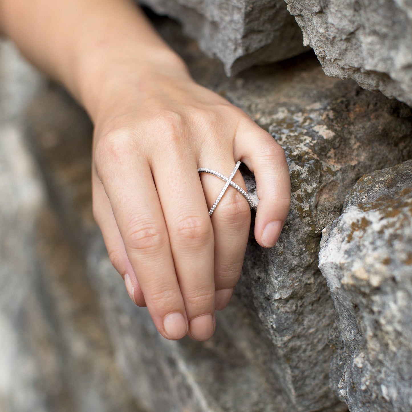 Rhodium Plated Criss Cross 'X' Ring with Signity CZs