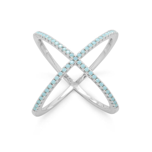 Rhodium Plated Criss Cross 'X' Ring with Blue CZs