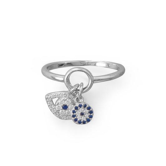 Rhodium Plated Evil Eye Charm Ring