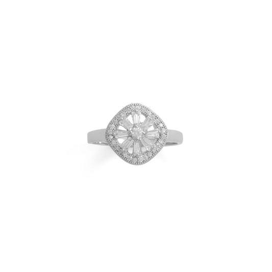 Rhodium Plated Baguette CZ Cushion Shaped Ring