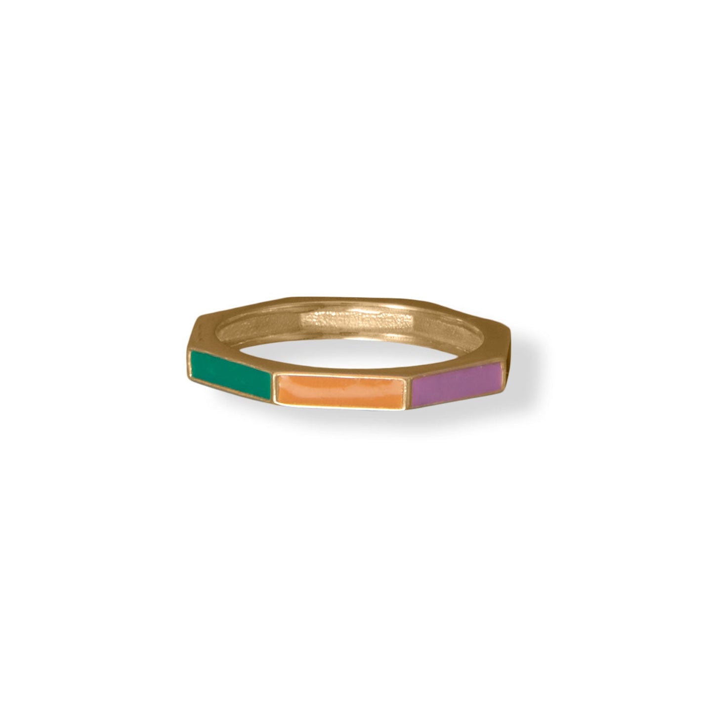 14 Karat Gold Plated Rainbow Enamel Flat Edge Ring