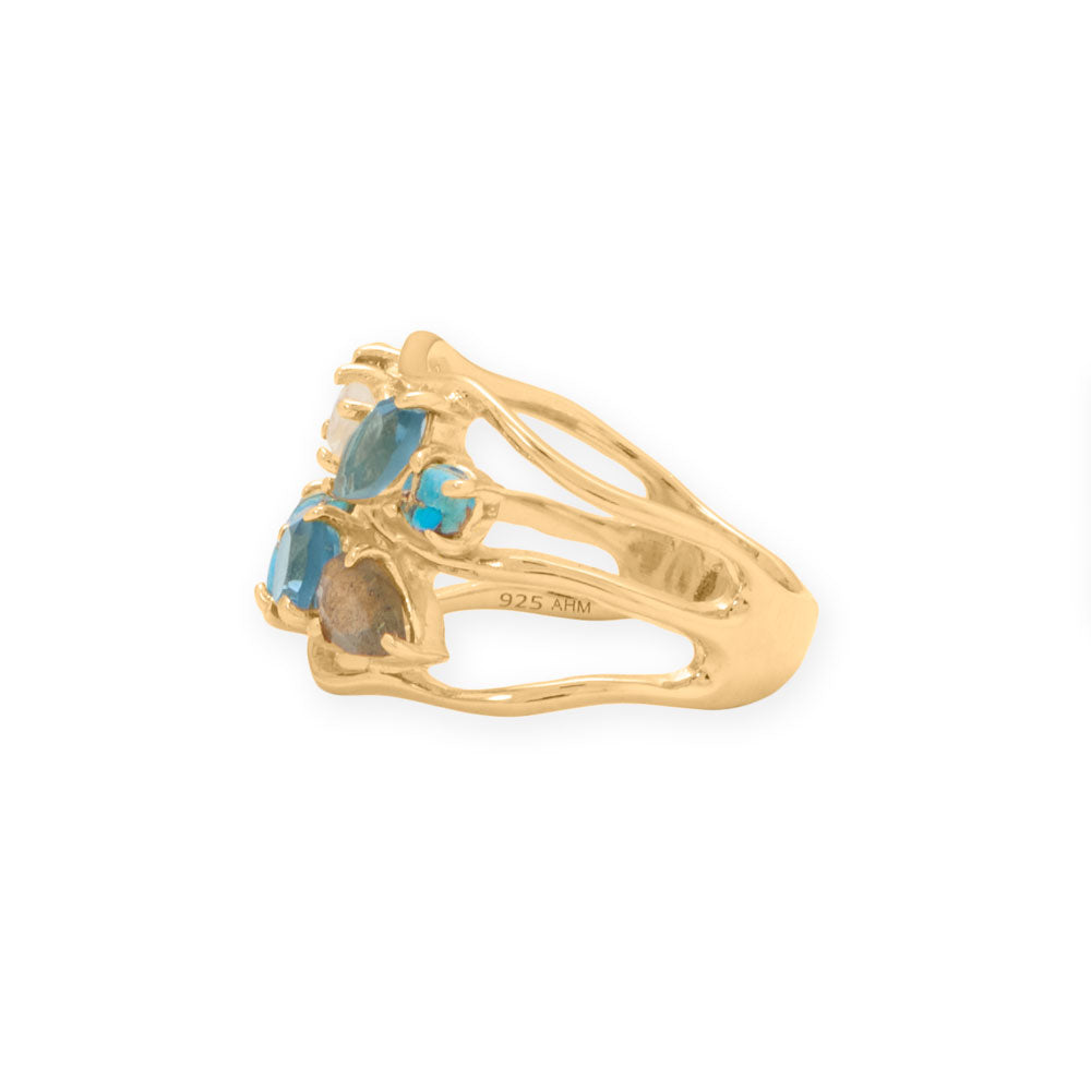 14 Karat Gold Plated Blue Multi Stone Cluster Ring