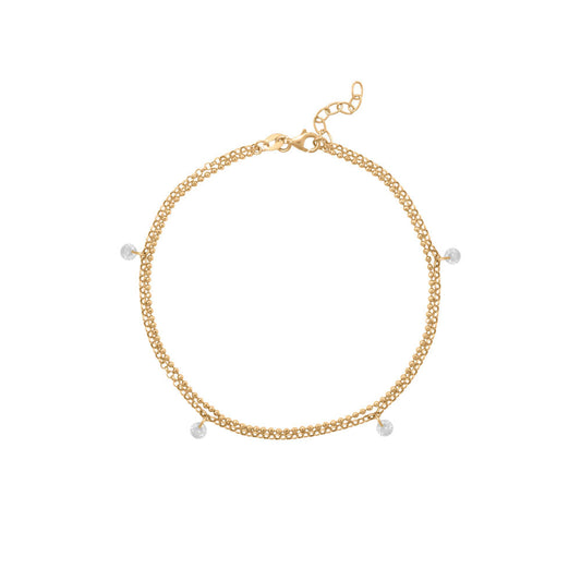 14 Karat Gold Plated Double Strand 4mm CZ Charm Anklet