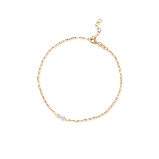 14 Karat Gold Plated Baguette CZ Paperclip Chain Anklet